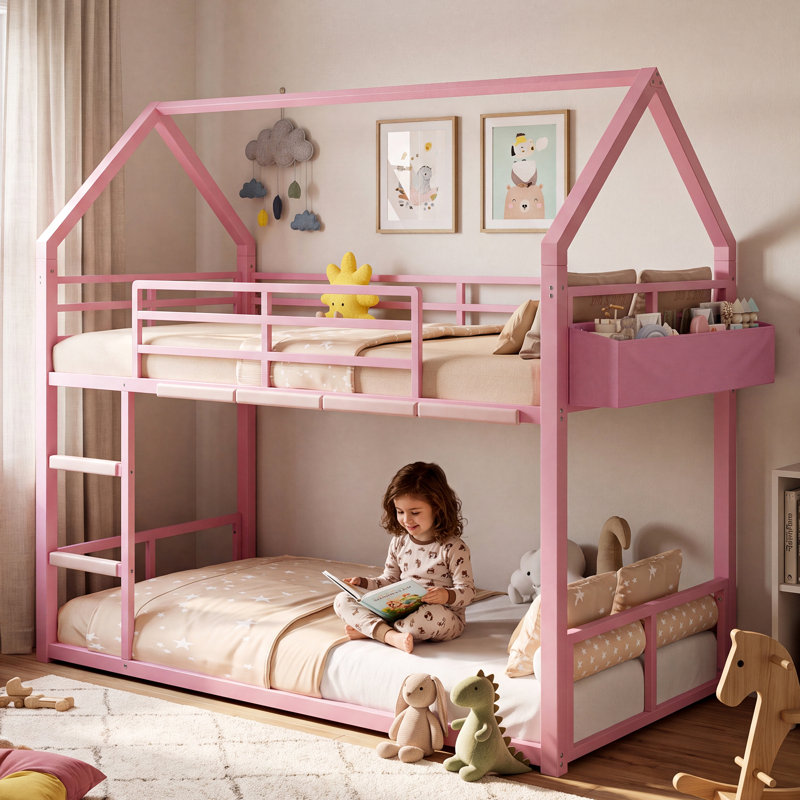 Lit superposé simple en métal avec 2 sacs de rangement, lumières DEL, Rose