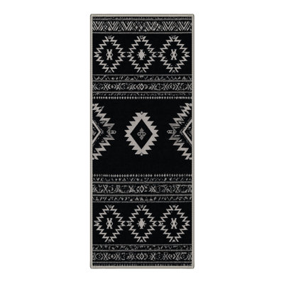 Machine Washable Geometric Black / Ivory Hallway Runner With Non-Slip Backing