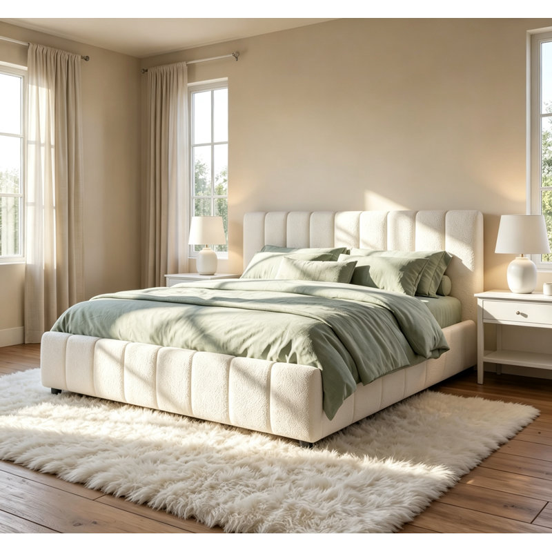 Très grande base de lit tapissier, tête de lit épaisse en tissu Boucle - Blanc cassé, King