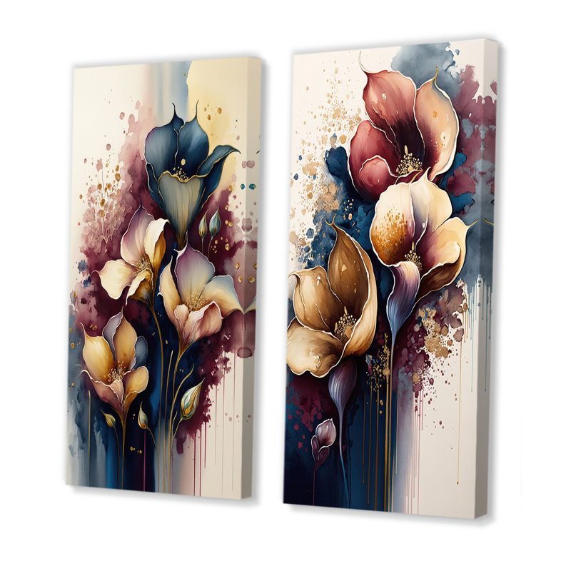 «Bouquet de lys bleu et bourgogne Cally I», 2 pièces sur toile, Toile tendue, H 40 po x l 40 po