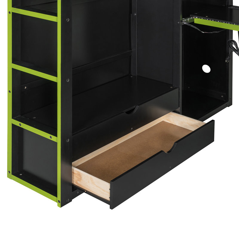 Lit mezzanine en bois avec bureau, Vert