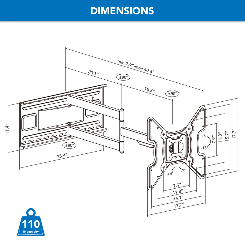 Extended Reach Full-Motion Heavy Duty TV Wall Mount - 40" Arm, 110 lbs Capacity