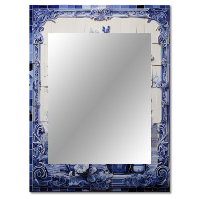 Blue And White Boho Flower Pottery II - Boho Pottery Decorative Mirror, Traditional Wall Mirror, Printed Metal Art
