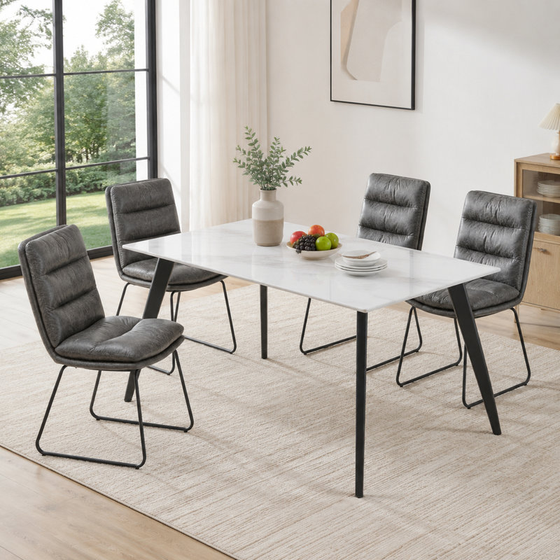 Ensemble de salle à manger 5 pièces Mid-Century, table en marbre blanc et 4 chaises rembourrées grises, MARBLE WHITE