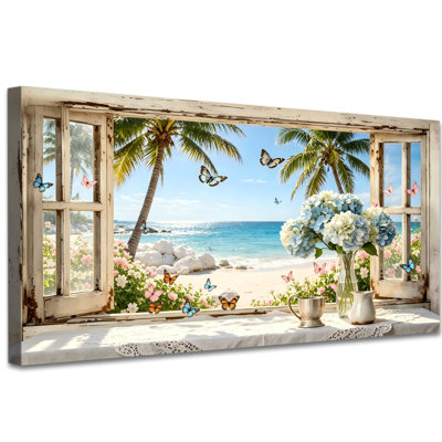«Coastal Hydrangea», art mural sur toile de plage 2: 1 avec fleurs et papillons blancs bleus, décor de maison de campagne océan tropical pour chambre à coucher, salon 20 po x 40 po