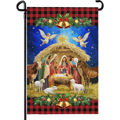 Drapeau de jardin « Joyeux Noël » 30 x 45 cm, double face, motif Nativité, pour la décoration extérieure de votre jardin ou de votre maison de campagne pendant les fêtes de Noël.