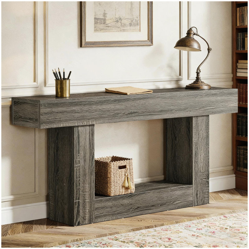 Rustic Farmhouse Console Table With U-Shaped Base, Dark Gray