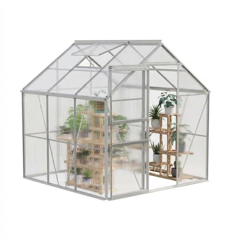 6x6 Ft Walk-in Polycarbonate Greenhouse with Aluminum Frame, Sliding Door, Roof Vent, Rain Gutter – Year-Round Outdoor Plant Protection