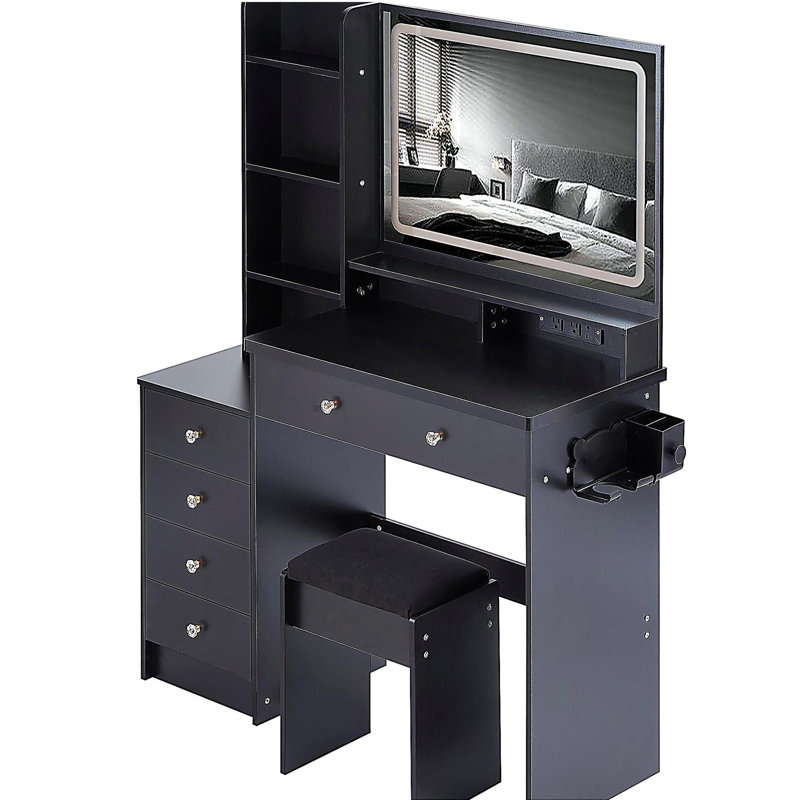 Ensemble de meuble-lavabo de 41 po avec commode gauche de grande taille + ensemble de commode avec tabouret rembourré, 2 centrales AC + 2 USB, support pour séchoir à cheveux, très grand miroir à DEL tactile, interrupteur 3 couleurs, EPA, GCC, certificat UL