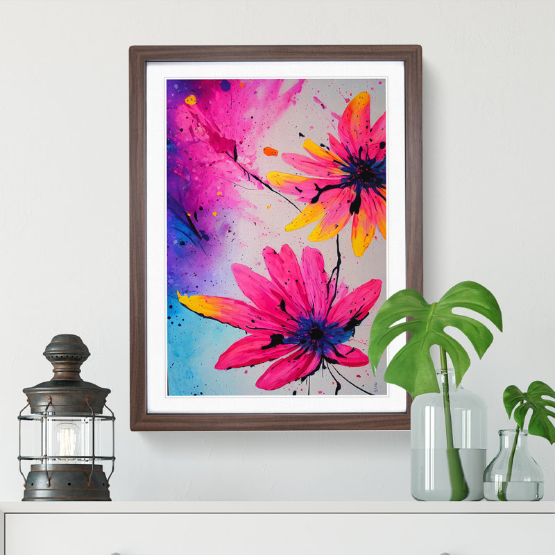 Pretty Painted Flowers No.2 Abstract - Single Picture Frame Painting, 34cm H x 25cm W x 2cm D, Walnut Framed
