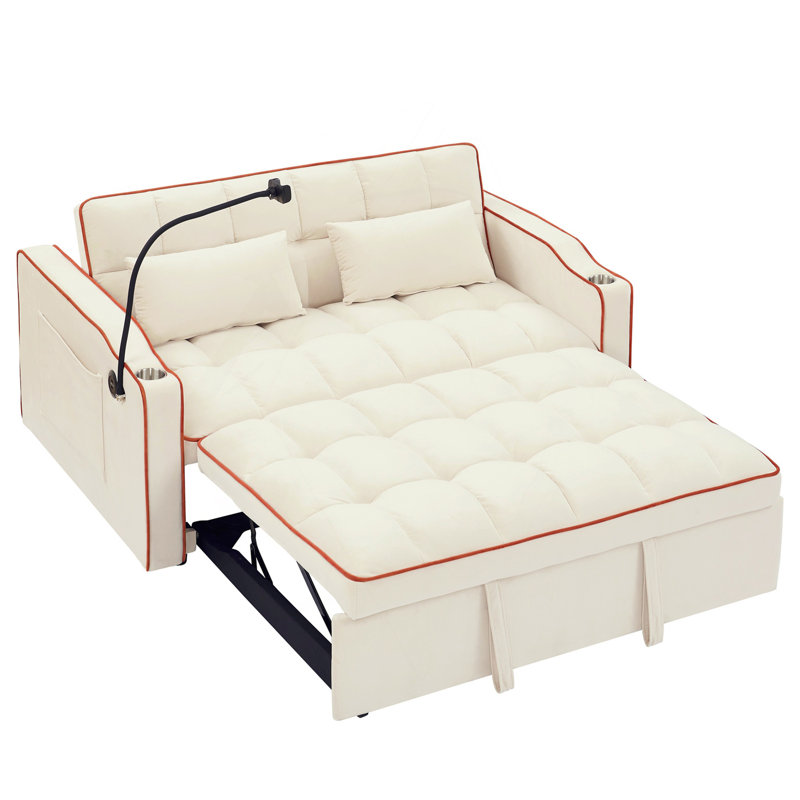 Velvet Pull-out Sleeper Sofa Bed, Adjustable Back and with USB Pport, swivel phone stand, Beige