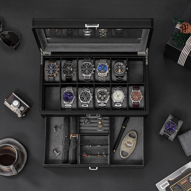 12-Slot Luxury Watch Box with Valet Drawer, Black