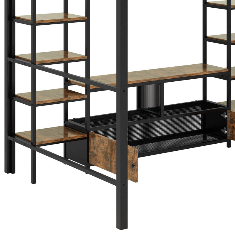 Lit mezzanine double en métal avec escalier, table intégrée et tablettes de rangement, Noir