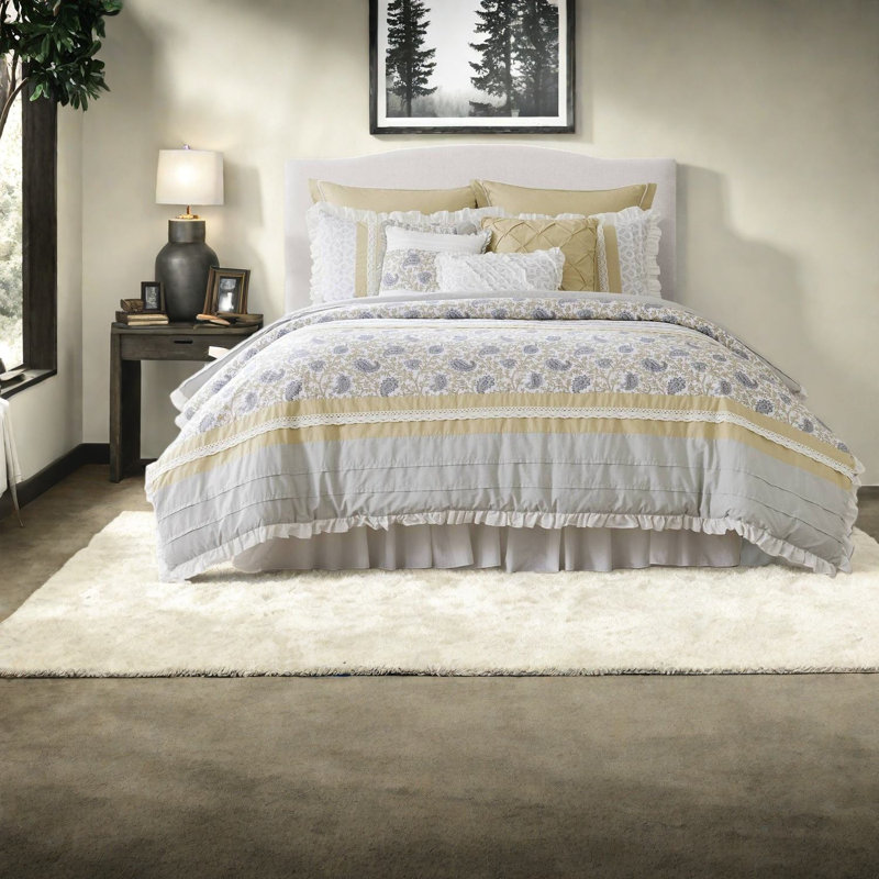 Elegant 9 Piece Cotton Comforter Bedding Set Queen Size, Farmhouse Chic