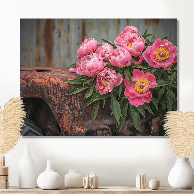 Décoration murale pivoines par le vieux tracteur III - pivoines, Toile tendue, H 16 po x l 32 po, Ne s’applique pas