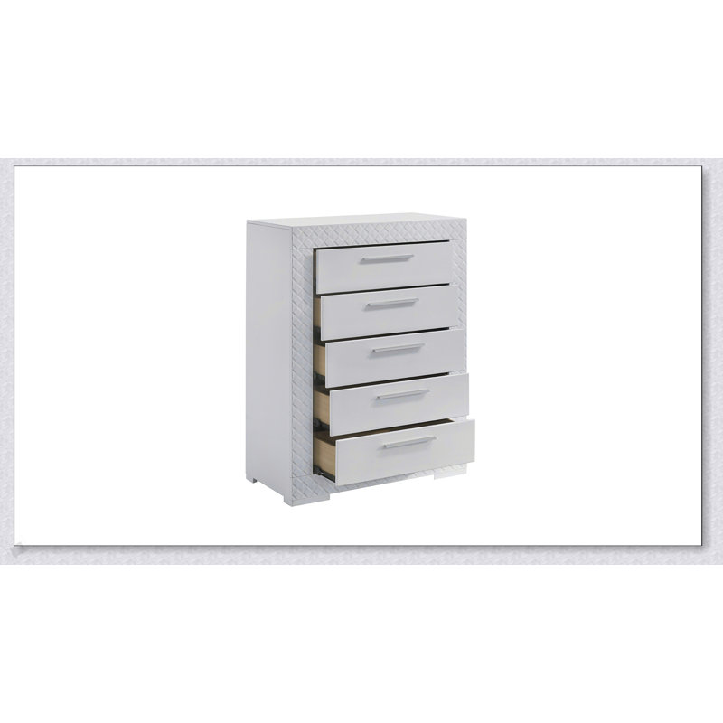 Commode blanche à 5 tiroirs de style moderne Blanca avec rangement spacieux et finition laquée haut de gamme pour une décoration intérieure élégante