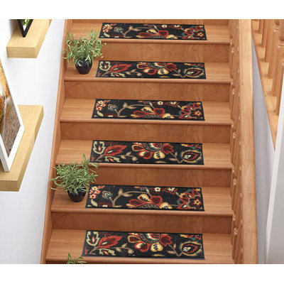Custom Size Stair Tread by Inches Slip Resistant Machine Washable Berber Floral Low Pile Stair Treads