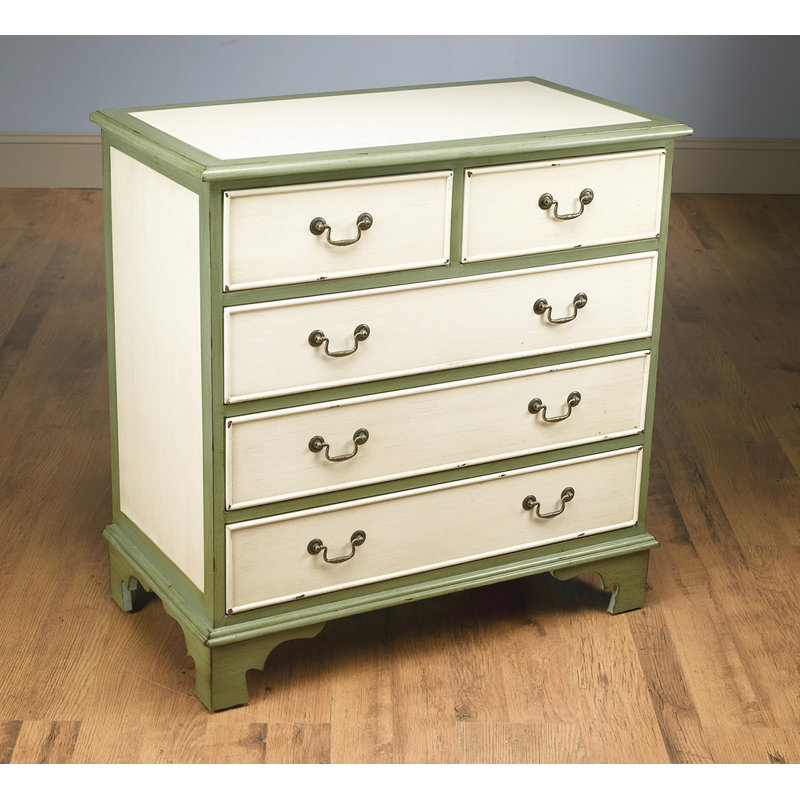 Commode décorative 5 tiroirs, Crème antique / vert