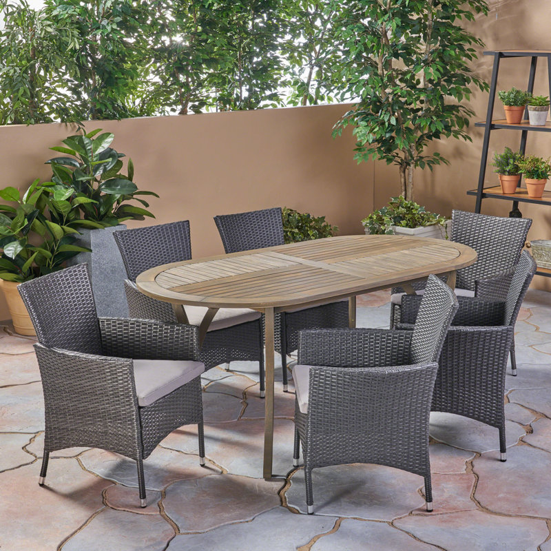 Kendra 6 - Person Acacia Wicker Patio Dining Set with Oval Table, Gray