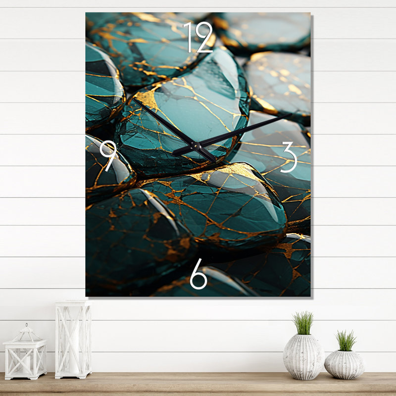 Teal And Gold Marble Art - Abstract Painting Wall Clock Oversized, Medium