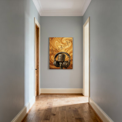 Ensemble de 1 tableau sur toile tendue représentant un microphone et un casque vintage avec des notes de musique sur fond en bois.