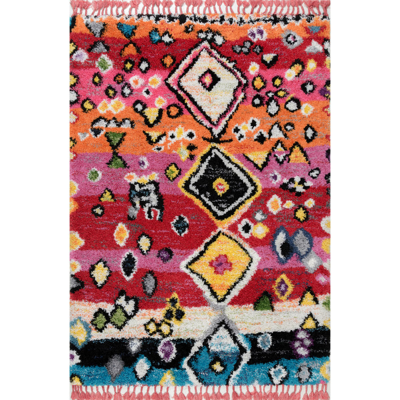 Tapis rouge / rose / orange à poils longs Venlo, Rectangle 6 pi 7 po x 9 pi 8 po