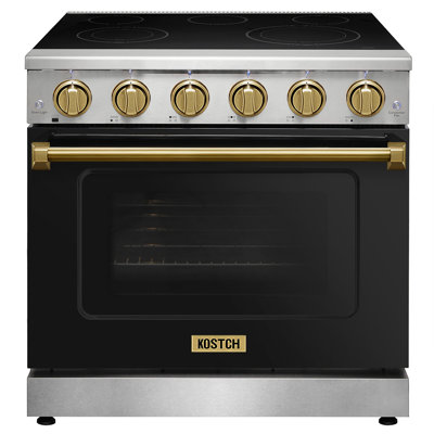 Cuisinière électrique professionnelle KOSTCH de 91 cm (36 po) avec table de cuisson à 5 éléments chauffants, four à convection d'une capacité de 170 litres (6 pi³), four à surface en verre lisse noir avec accents bronze