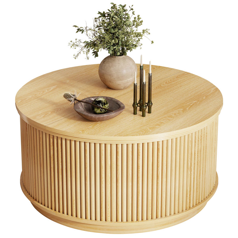 Table basse ronde avec rangement, table centrale en bois pour le salon, Natural