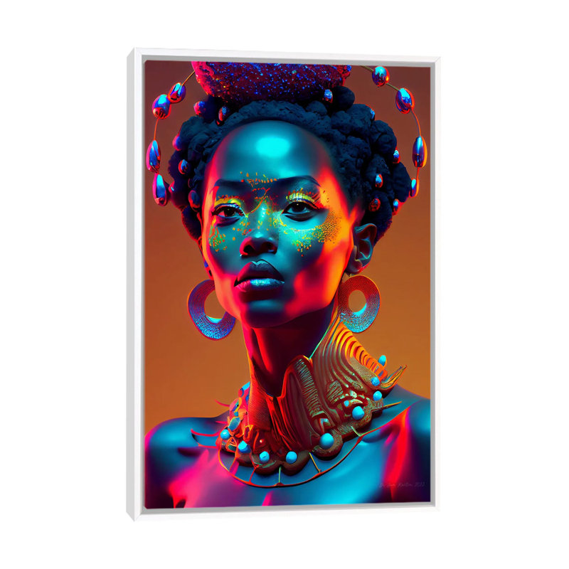 Afrofuturist, reine de la royauté africaine I, Toile encadrée flottée blanche, H 26 po x l 18 po x P 1,5 po