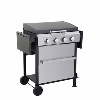 4-Burner Propane Gas Bbq Grill, Ss Plancha, Output With Wire Enamel Cooking Grids For Outdoor Barbecue, Foldable Side Table, Hanging Basket, Stainless Steel