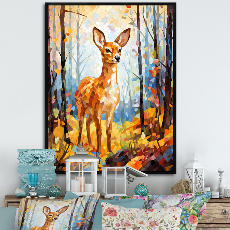 «Deer Mosaic Forest Wildlife», reproduction sur toile, Cadre flottant noir, H 32 po x l 24 po x P 1 po