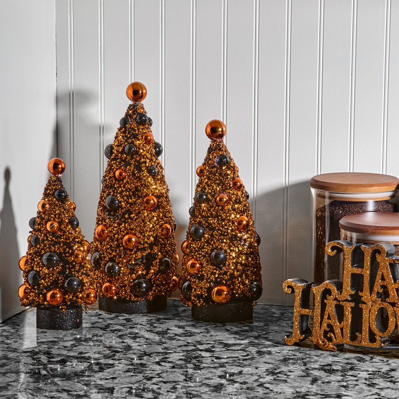 7.5-10.5'' Halloween Sisal Tree Set of 3, Orange / noir