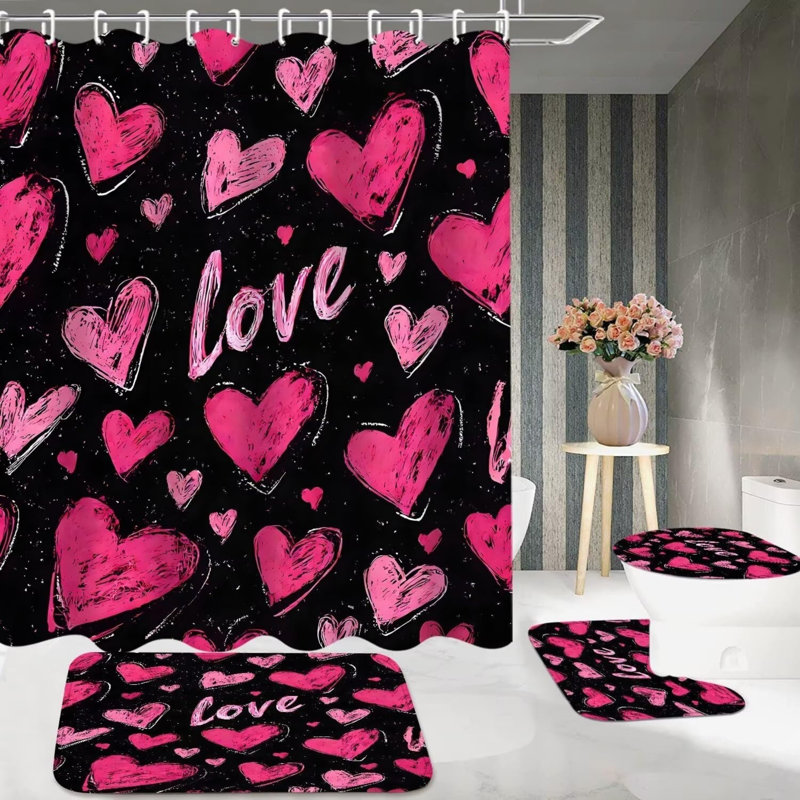 Ensemble de rideaux de douche 4 pièces Love, Pink Geometric