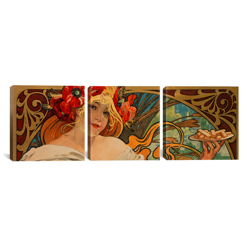 «Biscuits Lefevre Utile» par Alphonse Mucha, ensemble de 3 reproductions d'art sur toiles tendues