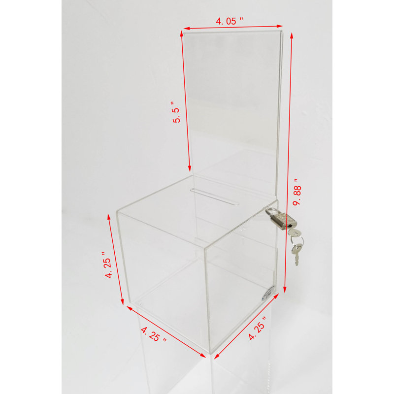 Petite boîte de collecte de fonds carrée en plexiglas transparent offrant une boîte de collecte de fonds 4,25 po x 4,25 po x 9,9 po