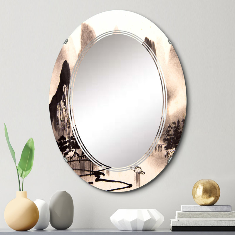 Paysage d'eau monochrome chinois - miroir mural traditionnel ovale, 30 po x 20 po