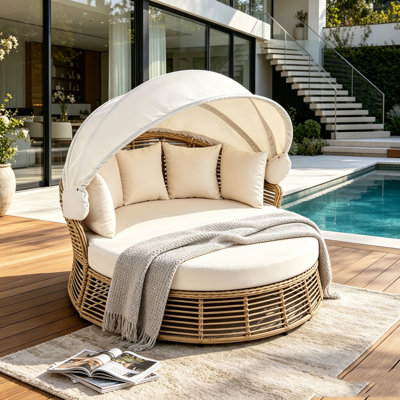 Outdoor Patio Rattan Round Daybed with Retractable Canopy