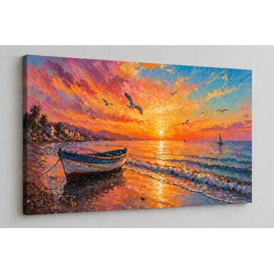 Grand coucher de soleil, bateau, océan, toile, art mural 24 x 36 pouces, peinture de paysage marin avec oiseaux, dessin de bord de mer, plage moderne pour salon, chambre à coucher - prêt à être accroché