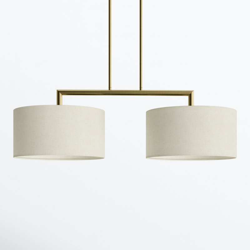 Aleksis 2-Light Linear Pendant with Linen Drum Shades, Antique Brass