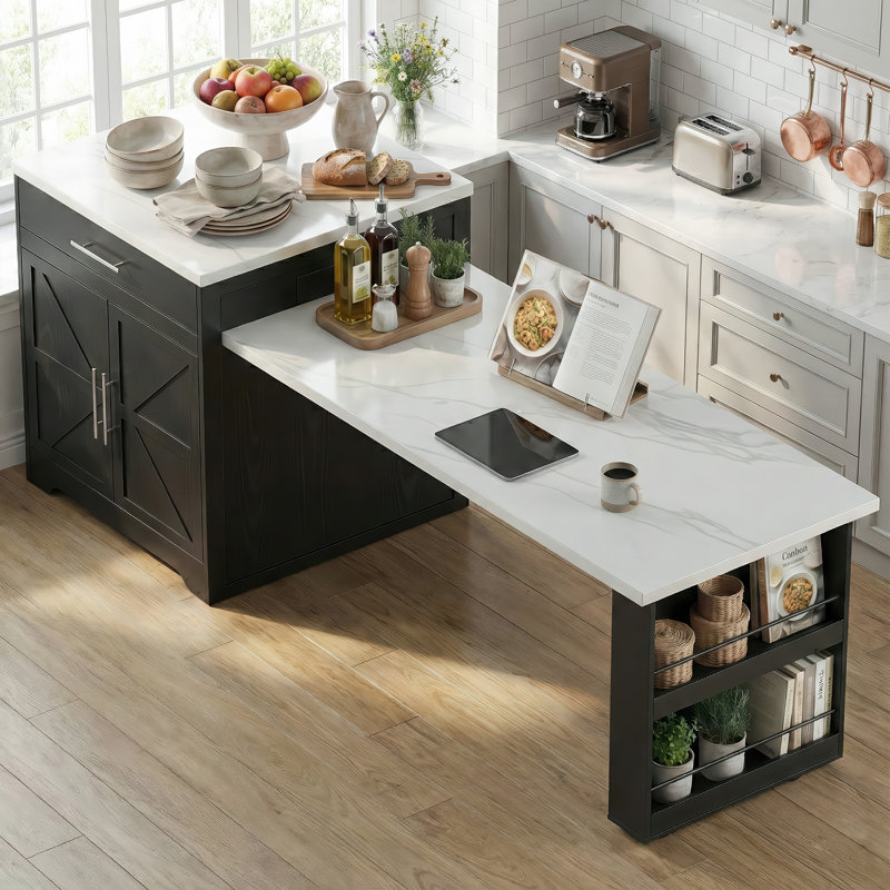 Modern Farmhouse Extendable Kitchen Island with Built-in Power Outlets, Faux Marble Top, Side Storage Shelves, and Wine Glass Rack - Black