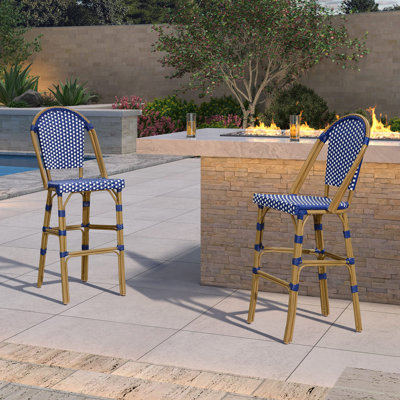  30" Patio Bamboo Print Finish Bar Stools With Rattan Back (Set Of 2)