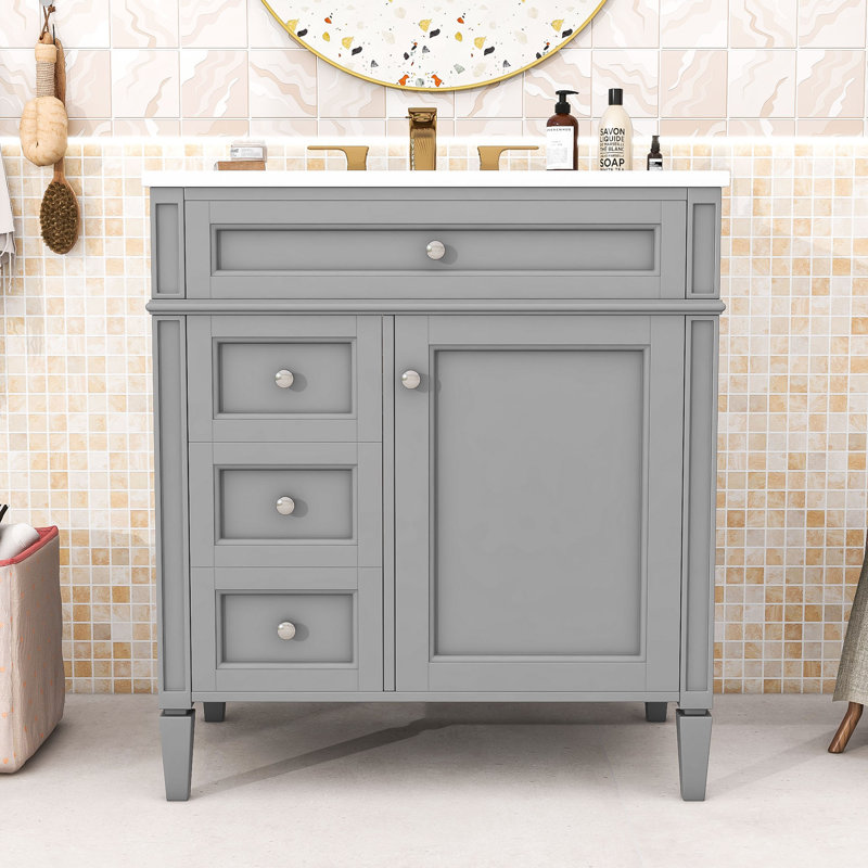 Contemporary Freestanding Single Bathroom Vanity Cabinet with Ceramic Sink and Ample Storage, Gray
