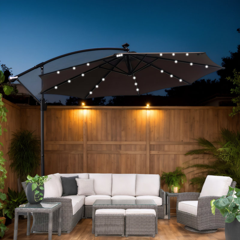 Parasol de patio imperméable de 10 pi avec lumières solaires à DEL pour la cour, la piscine, la terrasse - abat-jour à 8 nervures, manivelle facile et base en croix robuste