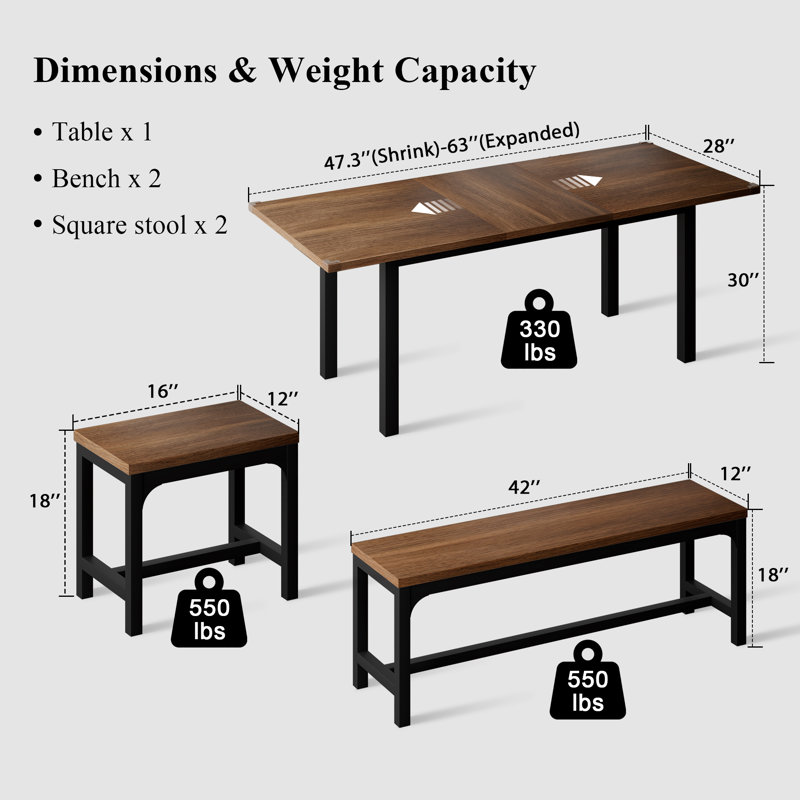 5-Piece Wood Square Dining Table Set with 4 Stools for Kitchen, Walnut