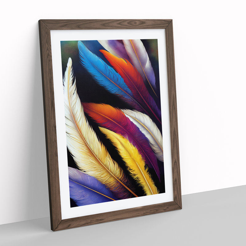 Feathers In Colour No.4 - Single Picture Frame Print, 64cm H x 46cm W x 2cm D, Walnut