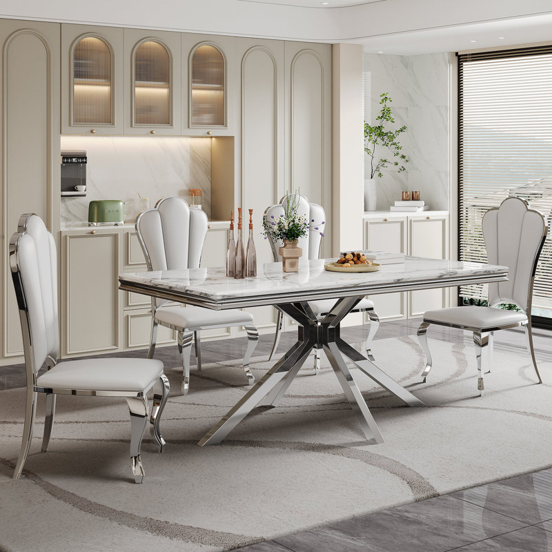 Table de salle à manger Burdell Dt027, Argent argent, Blanc / Blanc