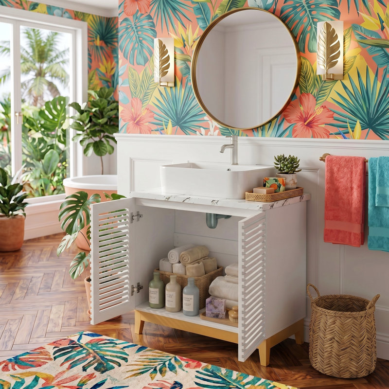 Meuble-lavabo blanc 37,8 po avec lavabo, portes à persiennes et pieds en bois massif