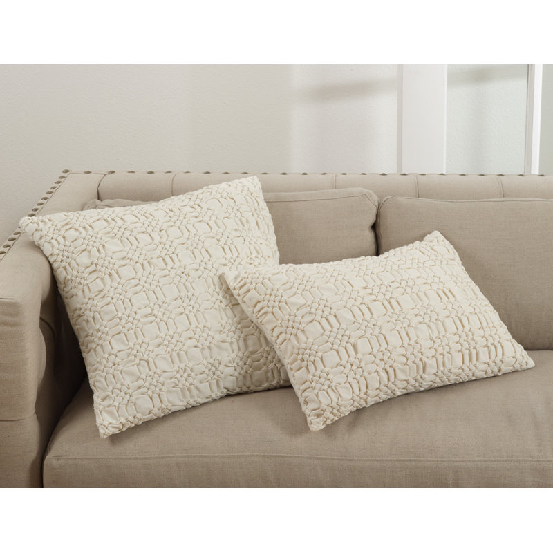 Ivory Cotton Smocked Design Rectangular Throw Pillow