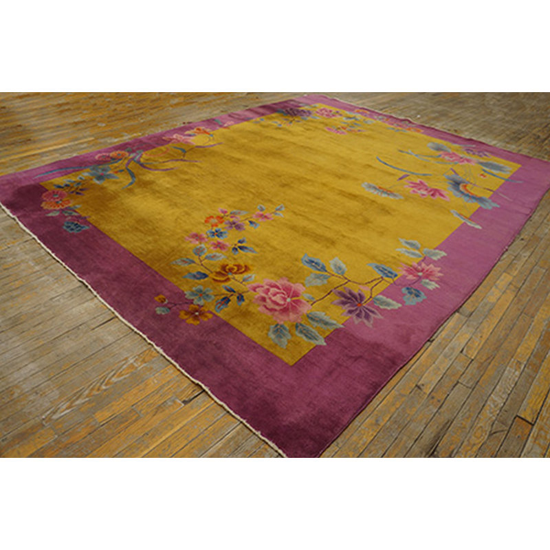 Antique Chinese Art Deco Room Size Wool Yellow Rug