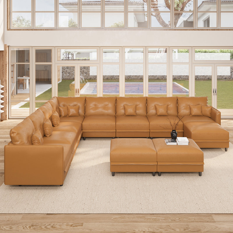 Edorta Upholstered U-Shaped Sectional, Brown Faux Leather